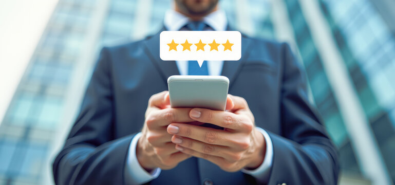 Businessman sending a five-star review by phone in front of a hotel