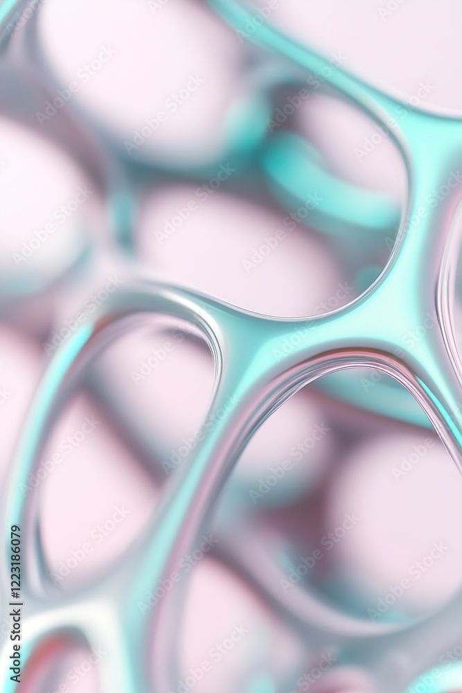 Poster a 3d cellular grid features metallic textures that glow in neon green and cyan, set against a white 
