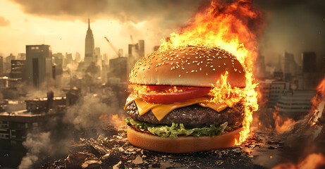 Apocalyptic Cheeseburger with Flames in a Burning City