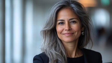 Confident businesswoman with long gray hair smiles warmly in a modern office setting