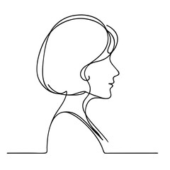 Line art female profile with short hair, black and white, transparent background