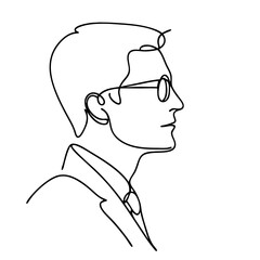 Line art male profile with glasses in black and white, minimalist