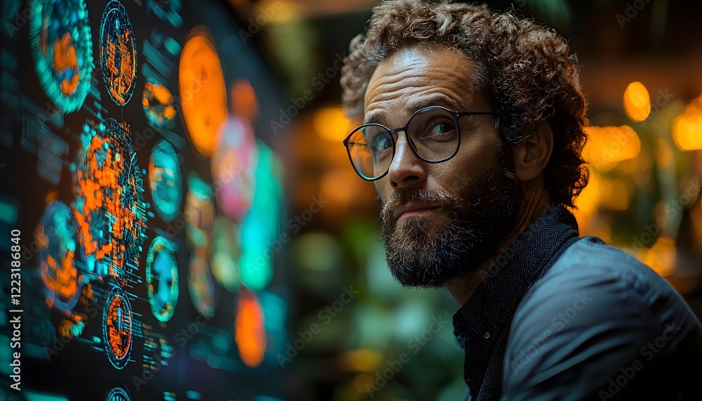 Poster professional man analyzing data on digital screen in modern workspace