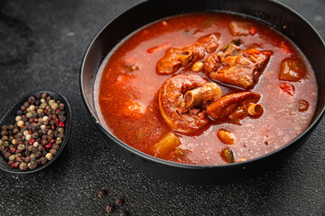 Tomato meat soup vegetable goulash fresh tasty food dish delicious gourmet food background on the table rustic food top view copy space keto and paleo diet