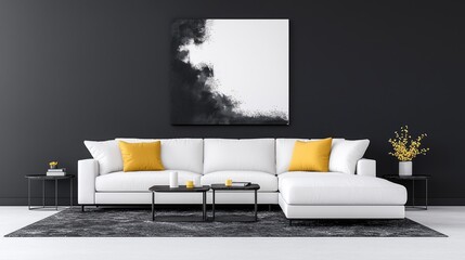 Modern living room interior design, white sectional sofa, black and white art, dark walls