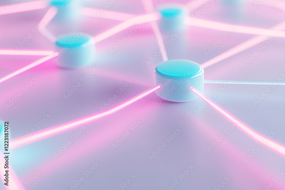 Poster a digital grid features glowing teal and magenta nodes connected by thin glowing lines on a matte wh