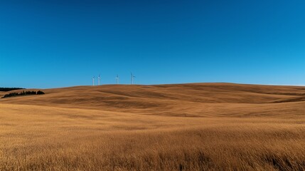 Fototapeta premium Wind turbines on a golden, rolling field under a clear blue sky.