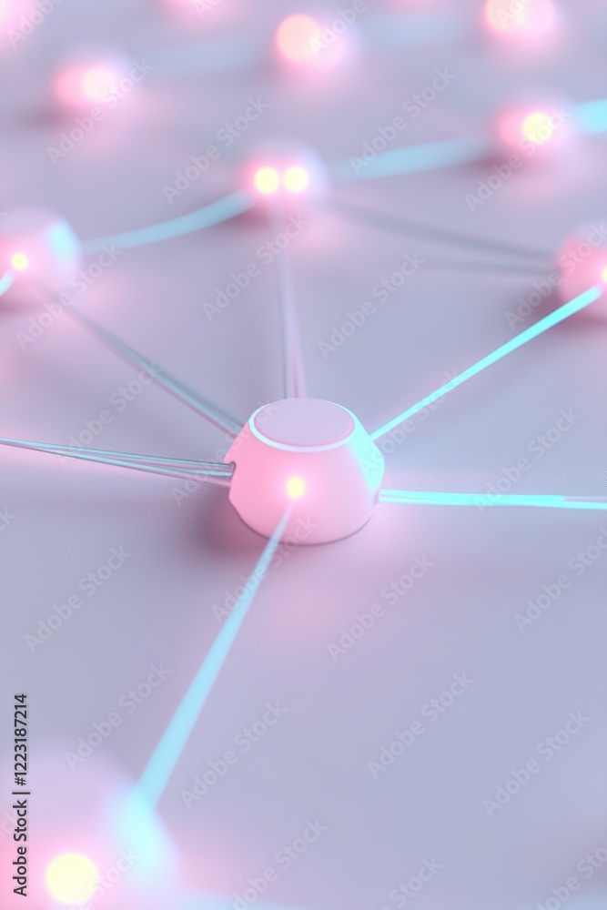 Poster a digital grid features glowing neon nodes in teal and magenta connected with thin lines, set on a m