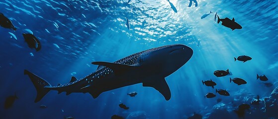 Obraz premium Guests at the aquarium observe the outlines of fish gliding through the water, including the whale shark.