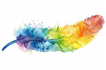 Clipart watercolor illustration of a rainbow-colored feather with detailed texture and vibrant hues