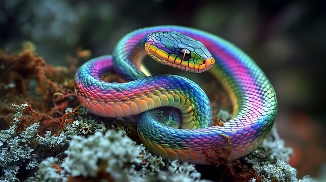 A gorgeous snake with rainbow stripes feeds on lichen