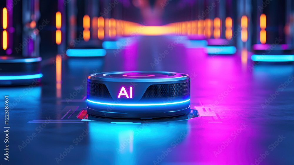Poster futuristic ai powered robot in vibrant distribution hub