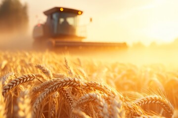 A farmer harvesting a considerably abundant field of golden wheat under the afternoon sun, with a combine harvester working in the background