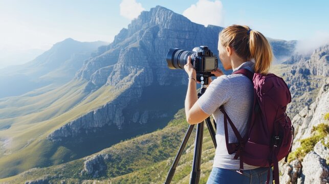 Mountaintop Photography: A female photographer captures breathtaking mountain range views using a professional camera on a tripod, showcasing her passion for landscape photography.  - Powered by Adobe