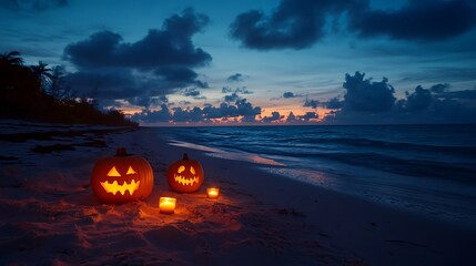 Carved pumpkins with Candles for the festivities on a the night a beach