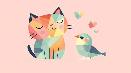 Fototapeta premium Colorful cat and bird share whimsical moment surrounded by heart