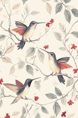 Fototapeta premium Delicate hummingbirds perched on branches, vibrant flowers enhan