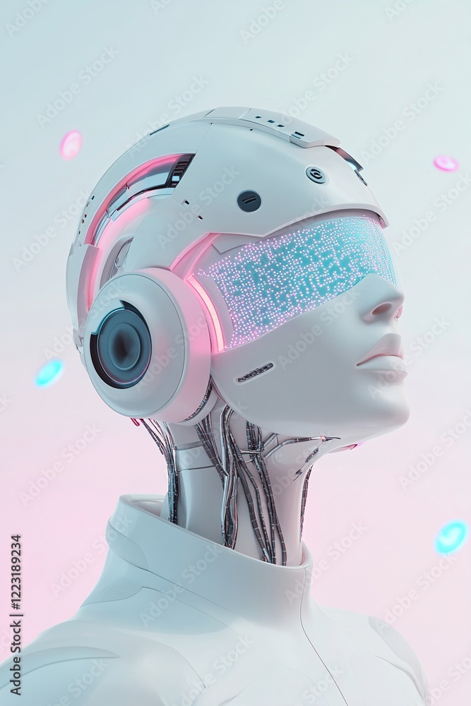 Poster a humanoid robot features glowing neural network designs on its head, surrounded by floating hologra