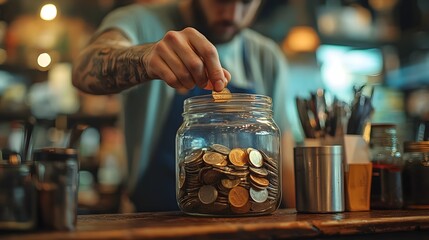 Transparent glass tip jar filled with various coins and cash bills sitting on a wooden counter in a restaurant bar or cafe setting  Concept of accumulating earnings revenue profits or saving money
