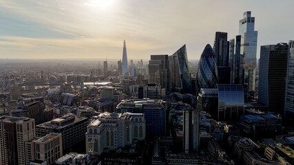 Naklejka premium Skyscrapers London financial district skyline drone,aerial