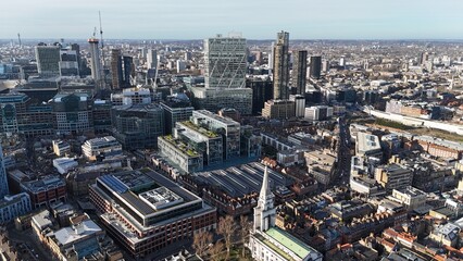 Obraz premium Christ Church Spitalfields, market building in background East London, drone,aerial .