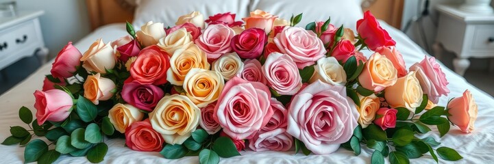Fototapeta premium Classic bed arrangement with a stunning floral bouquet of roses in various shades, bouquet, roses