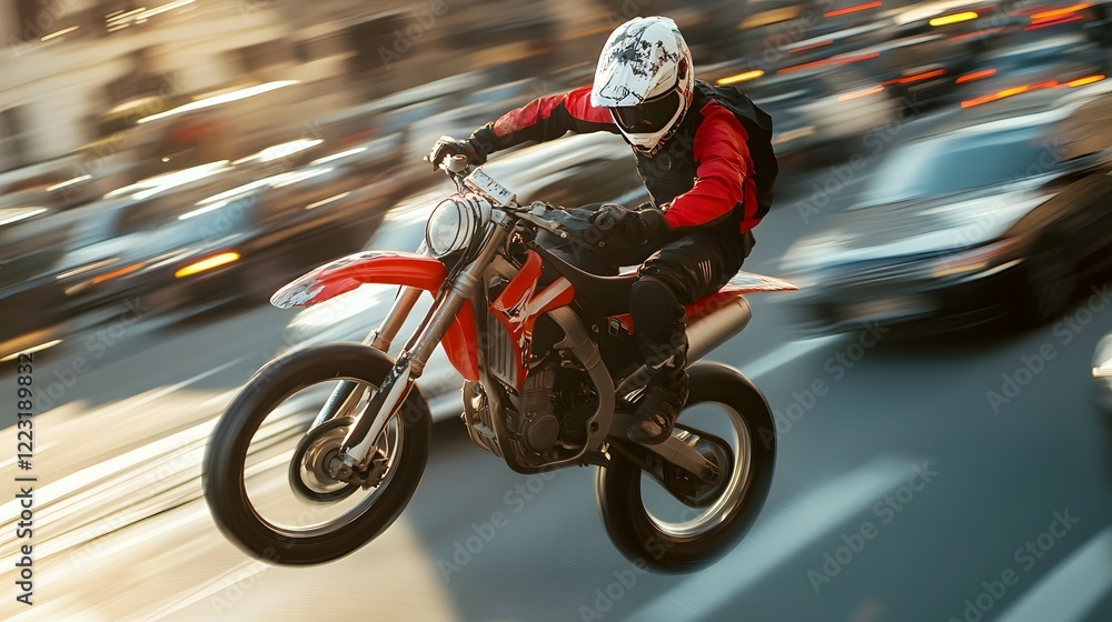 Poster daring stunt rider weaves through a bustling urban environment navigating the busy road with lightni