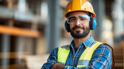 Portrait of handsome indian worker in hardhat looking at camera