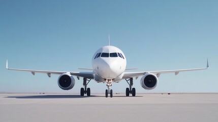 A sleek, modern airplane stands on a runway against a clear blue sky, showcasing its powerful engines and aerodynamic design.