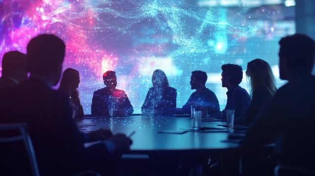 A vibrant scene of a roundtable discussion with faces full of enthusiasm as they explore future leadership roles supported by a digital presentation on career advancement pathways.