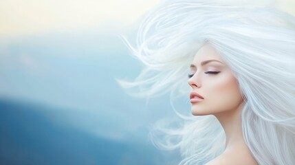 Whispers of the Wind:  A ethereal beauty with flowing platinum blonde hair, closed eyes and delicate features, basks in the gentle caress of the wind, creating an image of tranquility and serenity.