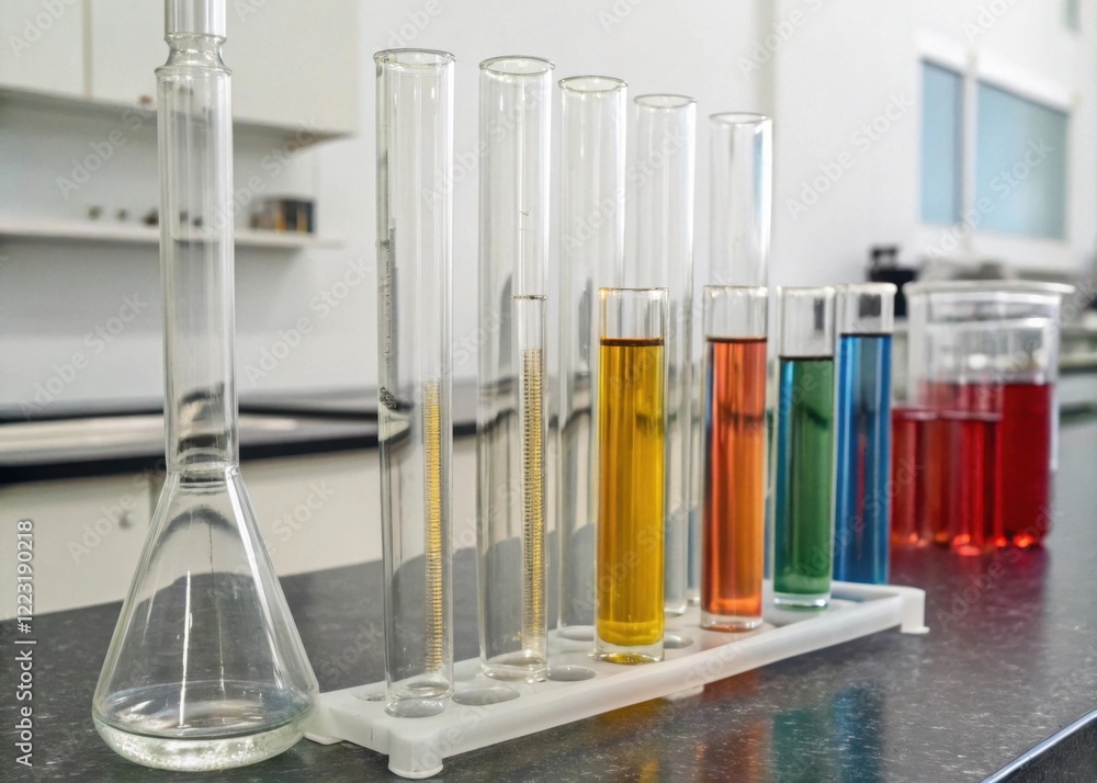 Poster various colorful liquids are displayed in test tubes and a flask on a laboratory countertop, showcas