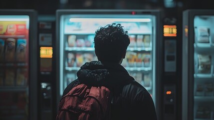 Silhouetted figure of a person approaching and seemingly attempting to break into a vending machine in a dark moody urban nightscape setting  The scene conveys a sense of tension