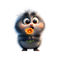 Fluffy 3D Cartoon Bird with Surprised Face Holding a Flower Isolated on Transparent Background