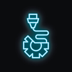 Blue neon icon of a 3d printer printing a cogwheel on a black background