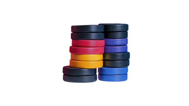 Stacked colorful hockey pucks ready for an exciting game indoors or outdoors in a vibrant setting