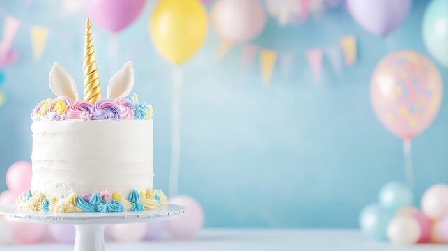 Magical Unicorn Birthday Cake:  A whimsical unicorn birthday cake adorned with delicate frosting swirls and golden horn sits on a white cake stand.