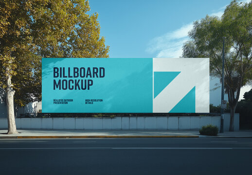 Billboard Mockup &ndash; Wide Outdoor Advertising Banner on Street Wall with Natural Daylight and Trees for Commercial, Event or Branding Campaigns