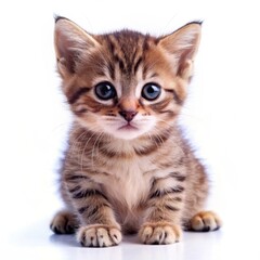 Obraz premium A cute, small tabby kitten with big blue eyes sitting on a white surface, showcasing its playful and curious nature.