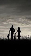 Family silhouette sunset walk, field background, love, togetherness, family photo