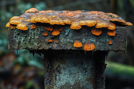 Representations of Rust Concept, Rusty surface with orange mushrooms growing on weathered post in nature