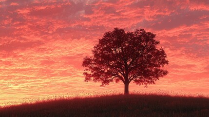 Obraz premium Solitary Tree Silhouette Against a Fiery Sunset Sky