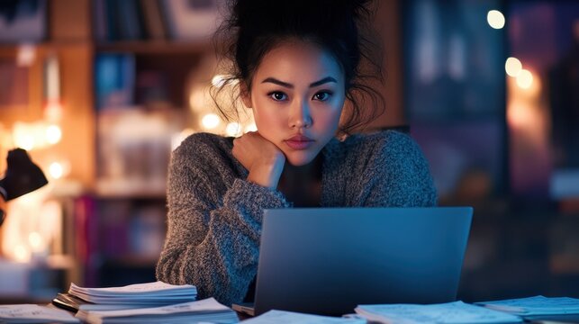 Late Night Studies: A young woman, engrossed in her laptop, surrounded by books and papers, sits in a dimly lit room, illuminated by the soft glow of a desk lamp.