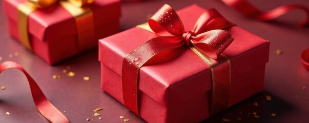 Obraz premium Red and gold ribbon tied around a rectangular gift box, presents, gift box decorations