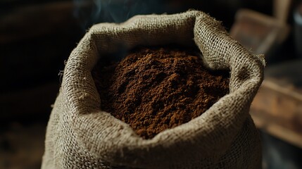 Coffee grounds or freshly ground coffee in a tidy crafty bag sack on a desk
