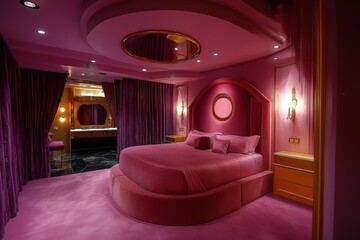 A luxurious Hollywood Glam interior design style bedroom featuring a round bed, pink walls, and matching decor. The room has soft lighting and a modern design, with a stylish bathroom visible.