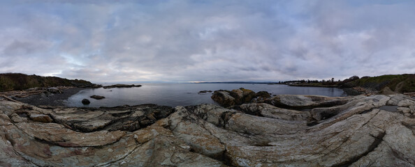 360 Panoramic View of Rocky Shoreline on a Cloudy Day at Calm Coastline