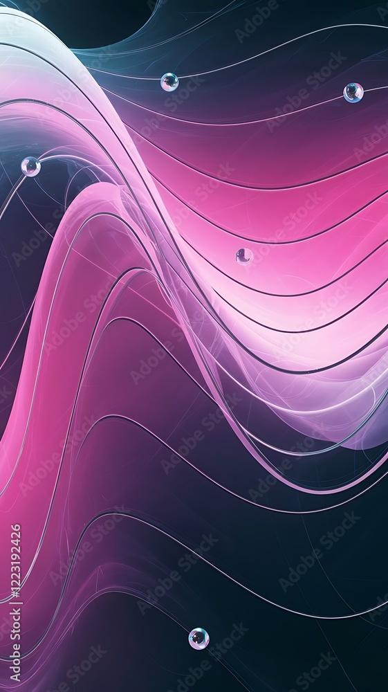 Poster abstract flowing lines in pink and blue with floating spheres for business use