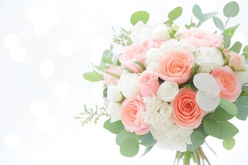 Obraz premium A beautiful bouquet of pastel roses and white flowers against a soft, blurred background