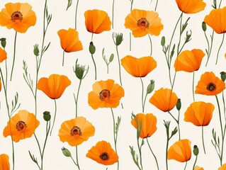 Seamless Orange/Yellow-Orange Poppy Pattern on White Background
